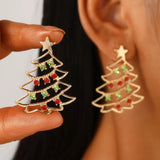 Poshoot Christmas Full Rhinestone Snowflake Pearl Earrings for Women Colorful Hollow Xmas Tree Red Hat Ear Hook Earring New Year Jewelry