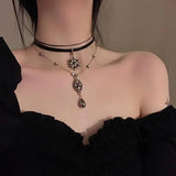 Poshoot-Neo-Gothic Crystal Multi-Layer Leather Necklace Exquisite Star Water Drop Choker Necklace for Women Girls Party Wedding Jewelry