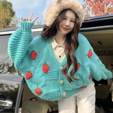 Poshoot Strawberry Decor Knitted Cardigan Women Chic Long Sleeve Sweet Cardigans Woman Korean Lazy Wind Short Sweater Coat Female