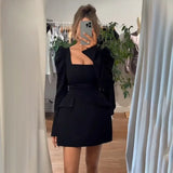 Poshoot White Square Neck Mini Dress Women's Solid Pocket Slim Long Sleeve Short Dress Elegant Pleated A-Line Evening Gown Lady