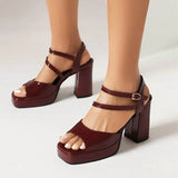 Poshoot Female Sandals Square Toe Heels 10cm Platform 2cm Double Buckle Straps