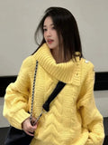 Poshoot Korean Fashion Turtleneck Yellow Sweater Women Y2k Vintage Twisted Knitted Oversized Pullover Sweet Long Sleeve Tops