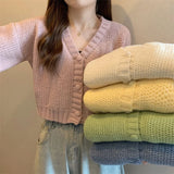 Poshoot Y2K Knitted Cropped Cardigan Sweater Women Korean Short Long Sleeve Crop Tops Woman Solid Color V Neck Cardigans Female