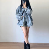 Poshoot Korean Style Denim Jacket Women 2024 Autumn New Long Sleeve Blue Coats Woman Retro Turn Down Collar Loose Jean Jacket Female