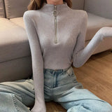 Poshoot Women's Zipper Red Knitted Sweater Autumn Winter Basic Long Sleeve Jumpers Ladies Korean Solid Slim Fit Knitwears Women