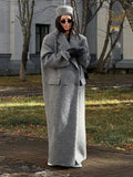 Poshoot Fashion Grey Oversized Woolen Overcoat Chic Lapel Long Sleeve Double Breasted Long Coats 2024 Autumn Female Warm Street Coat