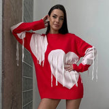 Poshoot Heart Print Sweater Women's O-Neck Long Sleeve Pullover Sweater Casual Knitted Tassel Sweater Loose Women's Streetwear