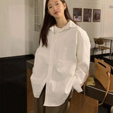 Poshoot Oversized Korean Whiet Shirts for Women 2025 Spring Turn Down Collar Blouse Woman Long Sleeve Casual Office Ladies Shirt