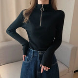 Poshoot Women's Zipper Red Knitted Sweater Autumn Winter Basic Long Sleeve Jumpers Ladies Korean Solid Slim Fit Knitwears Women