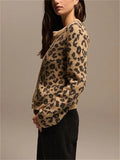 Poshoot New Fashion Knitted Leopard Print Cardigan Women's Loose Casual Printed Long Sleeve O-Neck Top Retro Y2k Cardigan Sweater Female