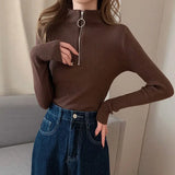 Poshoot Women's Zipper Red Knitted Sweater Autumn Winter Basic Long Sleeve Jumpers Ladies Korean Solid Slim Fit Knitwears Women