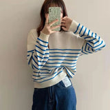 Poshoot Korean Style Striped Sweater Woman All Match Long Sleeve Knit Pullover Women Autumn Winter Basic O Neck Bottoming Shirt