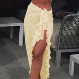 Poshoot 2024 New  Women Chiffon See-Through Beach Bikini Cover Up Wrap Scarf Swimwear Pareo Sarong Dress Solid Ruffle Casual Beach Dress