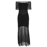 Poshoot Mesh Patchwork One Shoulder Long Dress Women's Sexy Sleeveless Pleated Slim Party Dress Elegant Solid Evening Dress Fall