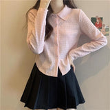 Poshoot Pink Turn Down Collar Buttons Shirt Women Korean Solid Color Casual Blouse Woman All Match Chiffon Long Sleeve Shirts