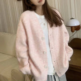 Poshoot Autumn Winter Knitting Pink Cardigan Women Korean Fashion Long Sleeve V Neck Cardigans Woman Button Up Sweater Coat Mujer