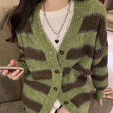 Poshoot Retro V Neck Green Stripe Cardigans Women Korean Chic Single Breasted Sweater Jackets Woman Streetwear Y2K Long Sleeve Cardigan