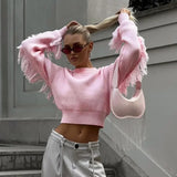 Poshoot Women's Autumn Winter Sweater Solid Elegant Tassel Patchwork Pullover Fashion O-neck Short Street Warm Pink Sweater Top