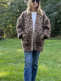 Poshoot Fashion Mohair Leopard Printed Warm Coat Women Chic V-neck Pocket Oversized Jacket 2024 Autumn New Lady Casual High Streetwear