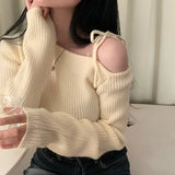 Poshoot New Sweater Women Clothing Irregular Skew Collar Long Sleeve Chic Pull Femme Korean Bandage Jumper Casual Knitted Pullovers