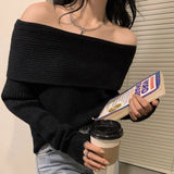 Poshoot Korean Fashion Slash Neck Sweater Women Sexy Solid Color Off Shoulder Jumpers Woman Long Sleeve Knitted Pullover Female