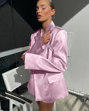 Poshoot Pink Satin Blazer And Mini Skirt Set