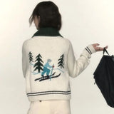 Poshoot American Vintage Zip Up Cardigan Women Pines Graphic Embroidery Knitted Sweater Casual Christmas Long Sleeve Crop Tops