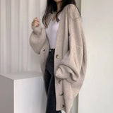 Poshoot Oversized Knit Cardigan for Women 2024 Korean Fashion Long Sleeve Sweater Woman Chic Single Breasted Loose Cardigan Coat