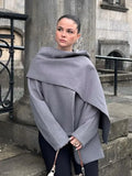 Poshoot Autumn Elegant Grey Woolen Scarf Collar Woolen Coat Women 2024 New Casual Loose Long Sleeves Jacket Female Streetwear Jackets