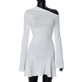 Poshoot Fashion Off Shoulder Dress Women's White Slant Neck Sexy Long Sleeve Short Dress Y2k Pleated A-Line Party Club Dress