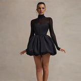 Poshoot Black Mesh Sexy Mini Dress Female High Waisted Sheer Long Sleeve Patchwork A-Line Short Dress Luxury Party Evening Dress