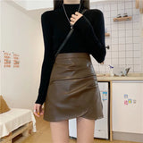 Poshoot Pleated Pu Leather Short Skirts Women Spring Summer High Waist Irregular Skirt Woman Zipper Up Streetwear Skirts Mujer