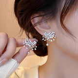 Poshoot Temperament Beautiful Firework Stud Earrings for Women Korean Imitation Pearl Rhinestone Snowflake Earring Girls Party Jewelry