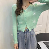 Poshoot 3D Butterfly Knitted Cardigan Women 2025 Summer Sexy Lace Long Sleeeve Crop Tops Woman Chic Short Thin Sunscreen Shirts Female