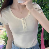 Poshoot Solid Color Basic Crop Top Women 2024 Button Up O Neck Short Sleeve T Shirt Woman Korean Style Slim Fit Y2K Shirts Ladies