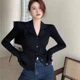 Poshoot Black Knit V Neck Cardigan Women Korean Fashion Long Sleeve Sweater Cardigans Woman Single Breasted Slim Fit Jumper Mujer