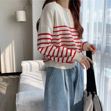 Poshoot Korean Style Striped Sweater Woman All Match Long Sleeve Knit Pullover Women Autumn Winter Basic O Neck Bottoming Shirt