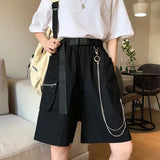 Poshoot Harajuku Chain Cargo Shorts Women 2024 Summer Big Pockets Wide Leg Shorts Woman Black High Waist Streetwear Shorts Female