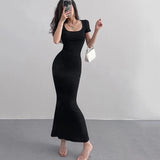 Poshoot 2024 Summer Solid Color Slim Long Dress Women Short Sleeve Skinny Bodycon Maxi Dresses Woman Square Collar Party Vestidos Mujer