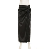 Poshoot Satin Lace Skirt Women's Black Patchwork Floral High Slit Skirt Sexy Pleated Streetwear High Waist Party Club Long Skirt