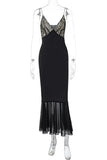 Poshoot Christmas Thanksgiving Gifts  V-Neck Sleeveless Spaghetti Strap Lace Slim Fit Maxi Dress