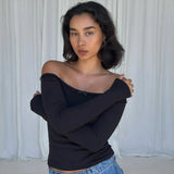 Poshoot Knit Rib Off The Shoulder Long Sleeve High Waist Tank Crop Top T-Shirts 2023 Fall Winter Wholesale Y2K Casual Clothing