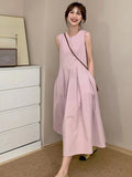 Poshoot Spring Solid Elegant Sundresses French Y2k Dress Korean Fashion O-Neck Midi Dress Office Women Casual Dress with Pockets