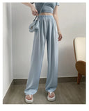 Poshoot-Women's Summer Acetate Ice Silk Wide Leg Pants Lady Summer Casual Solid Color Elastic Waist Loose Long Pants