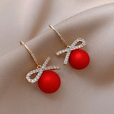 Poshoot New Style Temperament Red Color Christmas Bow Stud Earrings for Women Rhinestone Bowknot Red Ball Earring Girls Party Jewelry