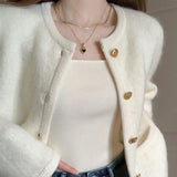 Poshoot Elegant Knitted White Jacket Women Round Neck Autumn Winter Fuzzy Cardigan Woman 2024 New Long Sleeve Sweater Jacket