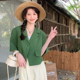 Poshoot Korean Fashion Green Women's Blazer Summer Thin Short Sleeve Blazers for Women 2024 Chic Single Breasted Cropped Jacket Female