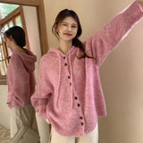 Poshoot Autumn Winter Hooded Knitted Cardigan Women Korean Style Single Breasted Sweater Coat Woman All Match Female Streetwear Coats