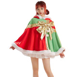 Poshoot Women Christmas Cape Cosplay Costume Winter Warm Plush Patchwork Hooded Gift Box Poncho Santa Cloak Windproof Cold Resist