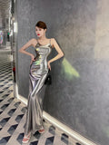 Poshoot Sexy Style Light Luxury Spicy Girl Liquid Bright Female Korean Indie Style Silver Dress Elegant Party Fashion TemperamentBMI6